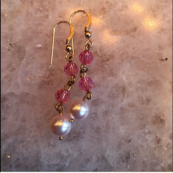 PINK & Pearl Drop Earrings by Dallas Designer - Picture 6 of 8